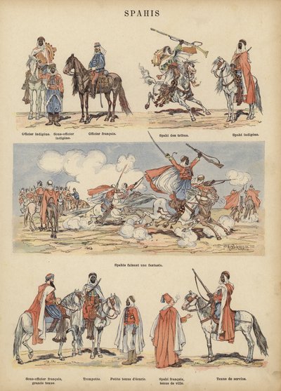 Spahit, Ranskan armeijan siirtomaa-sotilaat (väri litho) tekijältä Victor Armand Poirson