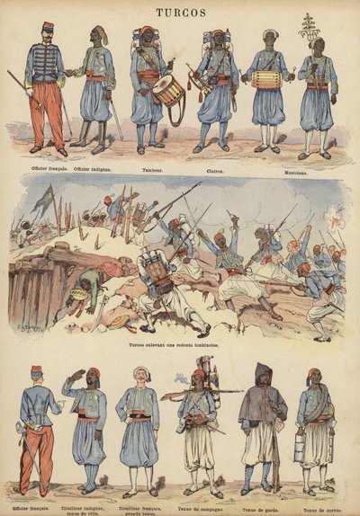 Turcot, Ranskan armeijan siirtomaa-sotilaat (väri litho) tekijältä Victor Armand Poirson