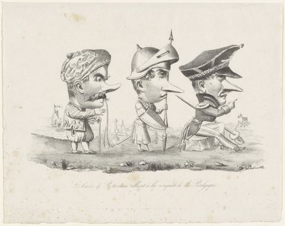 Sarjakuva Rotterdamin miliisistä, 1830 Les braves de Rotterdam allant à la conquête de la Belgique (otsikko esineessä) tekijältä V. Dubrulle