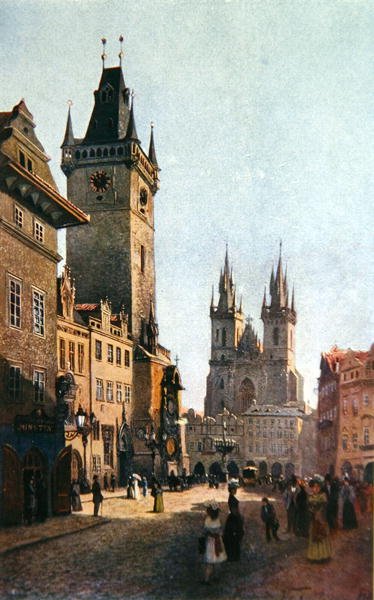 Näkymä Staromestsky Rynkistä, jossa on kaupungintalo ja Neitsyt Marian kirkko ennen Tyniä, Stara Praha (Vanha Praha), n. 1900 (värilitro). tekijältä Vaclav Jansa