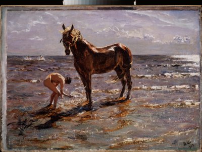 Hevosen kylpy. (Nuori alaston mies roiskuu hevosta, kaksi muuta hahmoa juoksee merelle). Valentin Aleksandrovich Serovin (1865-1911) maalaus öljy kankaalle tekijältä Valentin Aleksandrovich Serov