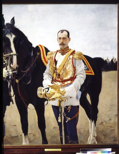 Venäjän suurruhtinas Paul Aleksandrovitšin (1860-1919) muotokuva. (Venäjän suurruhtinas Paul Aleksandrovitšin muotokuva). Venäjän keisarillisen armeijan ratsuväen upseerin univormussa hevosensa lähellä. Valentin Aleksandrovich Serovin maalaus ( tekijältä Valentin Aleksandrovich Serov