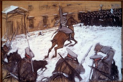 Punainen sunnuntai (verinen sunnuntai) Pietarissa: "" Sotilaallinen sorto vuoden 1905 mielenosoitusten aikana Pietarissa""" tsaari Nikolai II:n ratsuväki syyttää grevistejä, jotka tulivat rauhanomaisesti protestoimaan Talvipalatsin eteen 22. 01/1905 tekijältä Valentin Aleksandrovich Serov