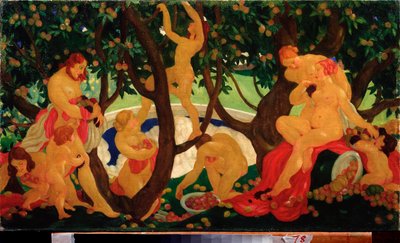 Sharing Apples (Gathering Apple) - Valentin Aleksandrovich Jakovlevin (1887-1919) maalaus, öljy kankaalle tekijältä Valentin Alexandrovich Yakovlev