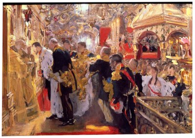"Keisari Nikolai II:n kruunaus Neitsyt taivaaseenastumisen katedraalissa", 1896 tekijältä Valentin Serov
