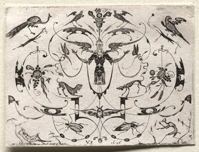 Arabesque riikinkukon, papukaijan, koirien ja hyönteisten kanssa, 1626. tekijältä Valentin Sezenius