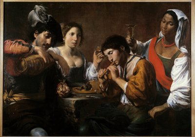 Tapaaminen kabareessa Valentin de Boulognen (1591-1632) maalaus 1600-luvun su. 0,96x1,33 m tekijältä Valentin de Boulogne