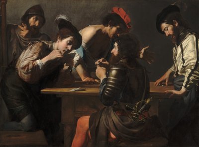 Korttia ja noppaa pelaavat sotilaat (Huijarit), noin 1618-1620 (öljy kankaalle). tekijältä Valentin de Boulogne
