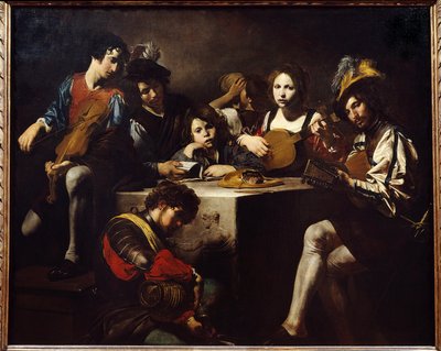 Matala helpotuskonsertti. Muusikot kokoontuivat veistetyn alttarin ympärille. Valentin de Boulognen (1591-1632) maalaus. Himmeä. 1,73 x 2,14 m. tekijältä Valentin de Boulogne