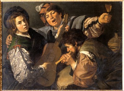 Kolme musiikkia tekevää miestä, n. 1616 (öljy kankaalle) tekijältä Valentin de Boulogne