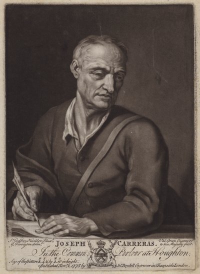 Joseph Carreras, runoilija ja Katariina Braganzan pappi (mezzotint) tekijältä Valentine Green