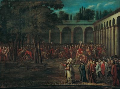 Suurlähettiläsvaltuuskunta, joka kulkee Topkapın palatsin toisen pihan läpi, 1720-luku tekijältä Vanmour