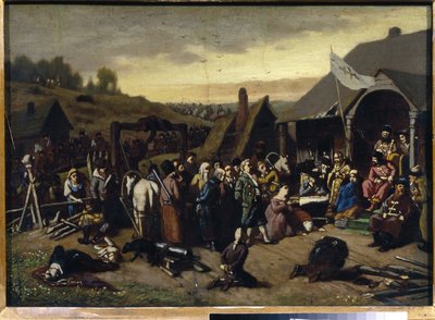 Emelian Ivanovich Pugachevin (Iemelian tai Emilien Pougatchov) tuomio (1742-1775) (Pugatšovin tuomio). Venäjän talonpoikaissodan (1773-1775) tukahdutuksen jälkeen (Jaik-kasakkojen Jackson). Vasili (Vasili) Grigorjevin maalaus tekijältä Vasili Grigorevich Perov