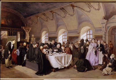Lounas luostarissa (A Meal in The Monastery). Ortodoksisen luostarin rikkaassa ruokasalissa munkit istuvat ja lounaavat runsaudessa (kala, hedelmä, viini) samalla, kun he lukevat Raamattua. Halveksineet vierailijat kutsutaan j tekijältä Vasili Grigorevich Perov