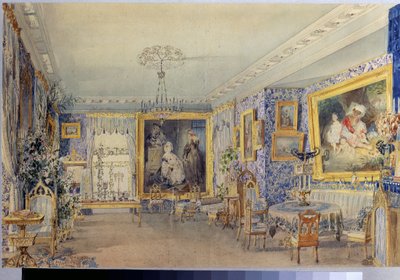 Olohuone Verkin kartanossa. Vasili Semjonovitš Sadovnikovin (1800-1879) työ, akvarelli paperille tekijältä Vasili Semenovich Sadovnikov
