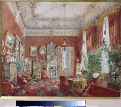 Jusupovin palatsin (Moika Palace) perheen olohuone Pietarissa. (Perheen olohuone Jusupovin palatsissa Pietarissa). Vasili Semjonovitš Sadovnikovin (1800-1879) teos, akvarelli paperille. venäläistä taidetta tekijältä Vasili Semenovich Sadovnikov