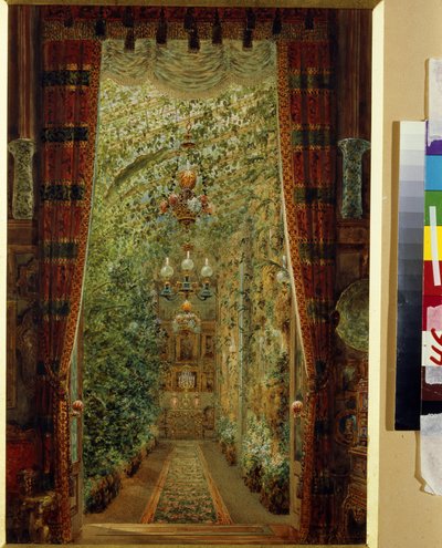 Jusupovin palatsin (Moika Palace) talvipuutarha Pietarissa. (Talvipuutarha Jusupovin palatsissa Pietarissa). Vasili Semjonovitš Sadovnikovin (1800-1879) työ, akvarelli paperille tekijältä Vasili Semenovich Sadovnikov