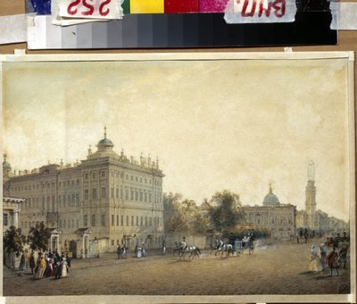 Pyhä PIETARI. Anichkovin palatsi. (Pietari. Anichkovin palatsi). Vasili Semjonovitš Sadovnikovin (1800-1879) teos, akvarelli paperille, noin 1830. Venäläistä taidetta tekijältä Vasili Semenovich Sadovnikov