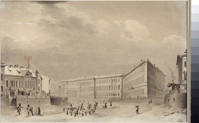 Pietari. Yleisesikunnan rakennus Moika-joen rantakadulla, kirjoittanut Sadovnikov, Vasily Semjonovich (1800-1879). Akvarelli paperille, ennen 1833. Pietarin valtionhistoriallinen museo tekijältä Vasili Semenovich Sadovnikov