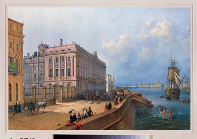 Näkymä Nevan rantakadulle ja Marmoripalatsille Pietarissa. Vasili Semjonovitš Sadovnikovin (1800-1879) työ, akvarelli paperille tekijältä Vasili Semenovich Sadovnikov