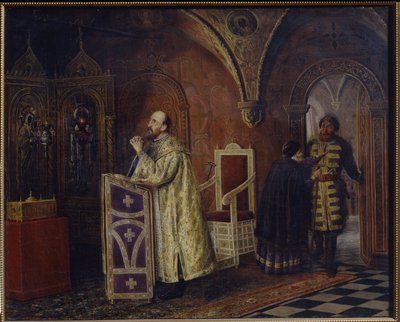 Tsaari Ivan IV Kamala (1530-1584) rukoilee (The Tsar Ivan IV The Terrible praying). Vasili Vladimirovich Pukirevin (Vassili Poukirev) maalaus (1832-1890), öljy kankaalle tekijältä Vasili Vladimirovits Pukirev