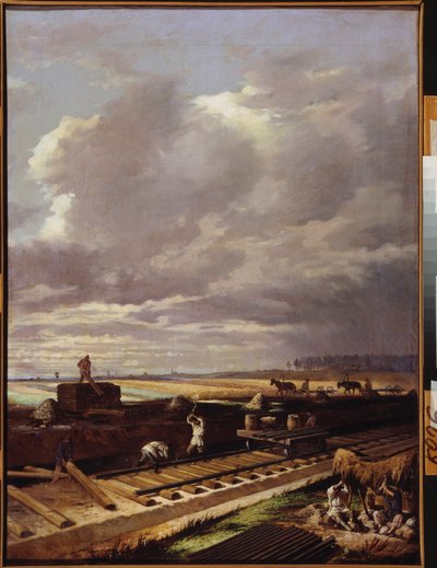 Rakennustyöt rautatiellä - Vasili Vladimirovich Pukirevin (Vassili Poukirev) maalaus (1832-1890), öljy kankaalle tekijältä Vasili Vladimirovits Pukirev