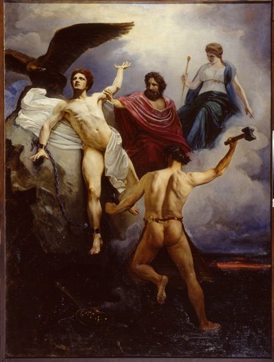 Vulcan ketjuttaa Prometheusta (Vulcanus Chaining Prometheus). Vasili Jevmenjevitš Savinskyn (1859-1937) maalaus, öljy kankaalle 1881. Museum of Fine Arts Academy, Pietari. tekijältä Vasili Yevmenievich Savinsky