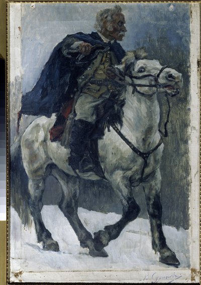 Aleksanteri Suvorov (1729-1800) hevosen selässä. (Aleksandri Suvorov hevosen selässä). Venäläistä sankaria kuvataan, kun hän ylittää Alpit venäläisten joukkojen kärjessä Italian kampanjan aikana (1799-1800). Maalaus Vasilli Ivanovich Surikov (Vasily Surik tekijältä Vasilij Ivanovic Surikov
