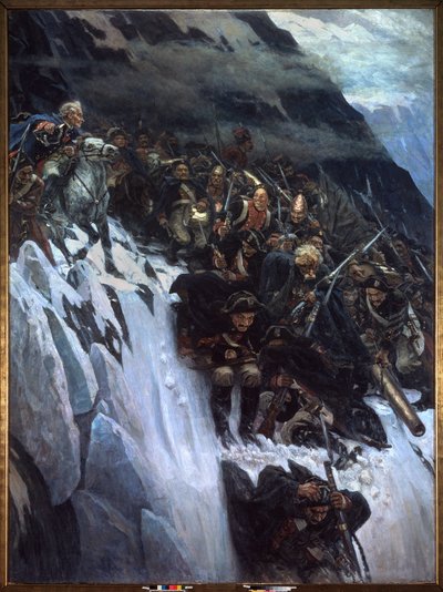 Italian kampanja (1799-1800): Aleksanteri Suvorovin (Suwarow tai Souwarow Rimniski tai Rimnitskoi) (1729-1800) ja venäläisten joukkojen marssi Alppien läpi vuonna 1799 - Suvorovin marssi Alppien läpi vuonna 1799 - Vasili Ivanovitš Surikovin maalaus tekijältä Vasilij Ivanovic Surikov