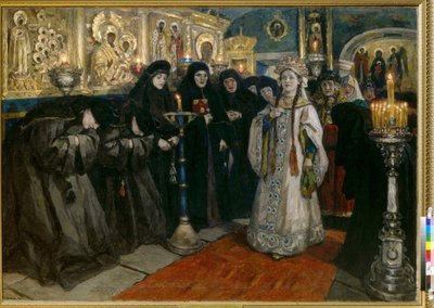 Suurherttuatar vierailee luostarissa. (Tsarevna vieraili nunnaluostarissa). Maalaus Vasilli Ivanovich Sourikov (Vasily Surikov tai Vasily Surikow) (1848-1916), öljy kankaalle tekijältä Vasilij Ivanovic Surikov