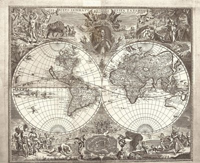Maailman kaksinkertainen pallonpuoliskon kartta, 1713 tekijältä Vasily Anufrievich Kiprianov
