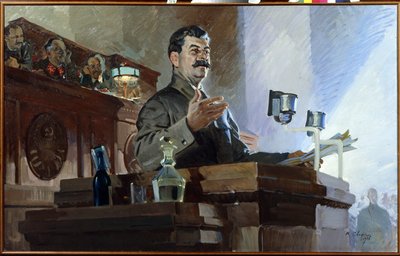 Josif Stalin (Stalin) (Joseph Vissarionovich Djougachvili dit) (1879-1953) määrittelee uudelleen Neuvostoliiton perustuslain (Stalinin perustuslaki) Neuvostoliiton 8. ylimääräisessä kongressissa 5. joulukuuta 1936. Näemme Vjatšeslav Molotovin (1890-1986) d tekijältä Vasily Semyonovich Svarog