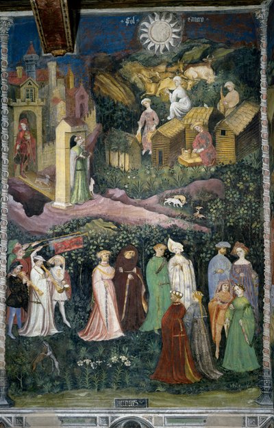 Kesäkuu: naisten ja hevosmiesten tanssi. Alareunassa herkutella lehmien ja juuston valmistus maidolla. Linnasta tulee ulos ruokaa täynnä olevia ihmisiä. Kardinaali Bernardo Cles (1485-1539), Fogolinon uudistaman maalauksen sponsori, on edustettuna tekijältä Venceslao Maestro