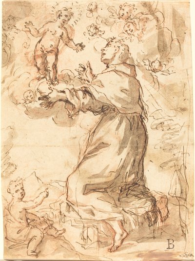 Kristus-lapsi ilmestyy Pyhälle Franciscukselle tekijältä Venetian 17th Century