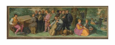 Pastoraalikonsertti, jossa tyylikkäät hahmot soittavat sitruunaa, klavikordia, viulua, kornettia, pasuunaa ja selloa (öljy levylle) tekijältä Venetian School