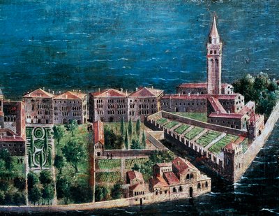 Puutarha Vapahtajan kirkon vieressä, yksityiskohta Venetsian lintuperspektiivistä, venetsialaisen koulun maalaus, Italia tekijältä Venetian School