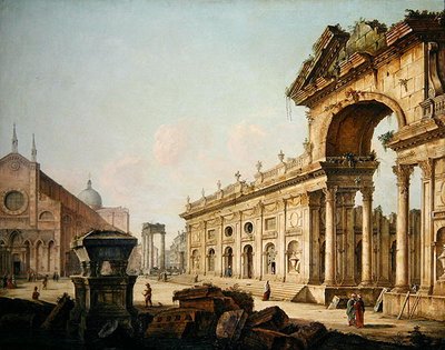 Kuvitteellinen näkymä riemukaarilla (öljy kankaalle) tekijältä Venetian School