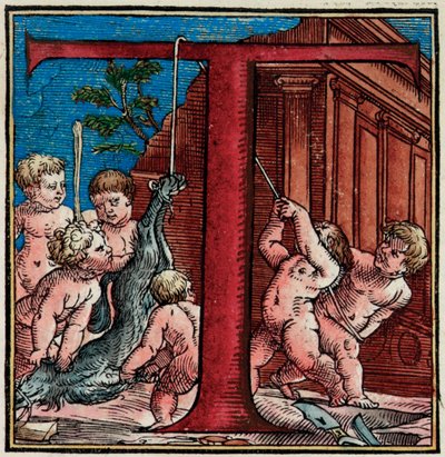 Alkukirjain T, yksityiskohta Andreas Starrin "The Human Body Fabrics" -julkaisun sivulta tekijältä Venetian School