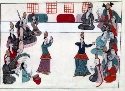 Muusikot ja tanssijat Ottomaanien valtakunnan aikana. Miniatyyri ""Turkkilaisista muistomerkeistä"" (codex Cicogna 1971 "Memorie Turchesche") Akvarelli 1600-luvun venetsialaisesta koulukunnasta. tekijältä Venetian School