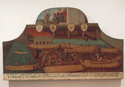 Venetsian arsenaalissa sijaitsevan laivapuusepänkillan kyltti tekijältä Venetian School