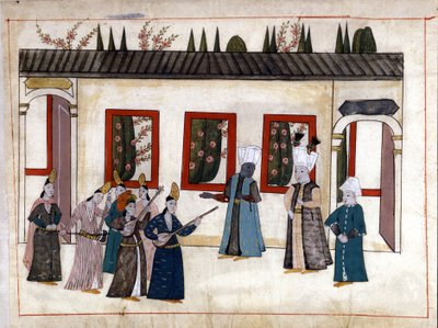 Sulttaani vierailee suosikin luona eunukkien äidin ja päällikön kanssa. Miniatyyri ""Turkkilaisista muistomerkeistä"" (codex Cicogna 1971 "Memorie Turchesche") Akvarelli 1600-luvun venetsialaisesta koulukunnasta. tekijältä Venetian School