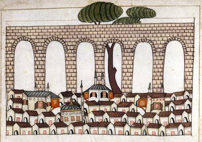 Näkymä Konstantinopoliin ja sen akveduktiin. Miniatyyri ""Turkkilaisista muistomerkeistä"" (codex Cicogna 1971 "Memorie Turchesche") Akvarelli 1600-luvun venetsialaisesta koulukunnasta. tekijältä Venetian School