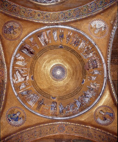 Näkymä kupolista mosaiikeilla kultaisella taustalla (romaaninen ja bysanttilainen tyyli), jotka kuvaavat Abrahamin elämää. Riipuksissa profeetat Daniel, Jeremia, Jesaja ja Hesekiel.1240-1250. Basilica San Marco (Basilica of San Marco) Venetsia tekijältä Veneto Byzantine School