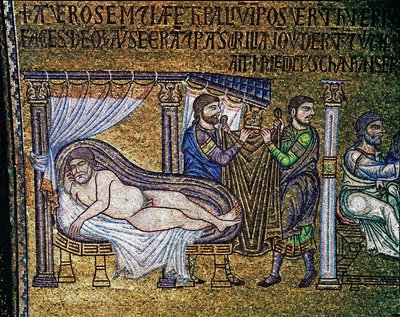 Bysanttilainen arkkitehtuuri: "Noen juopuminen"" -mosaiikki venetsialaisten taiteilijoiden tekemä 1200-luvun Basilica di San Marco tekijältä Veneto Byzantine School