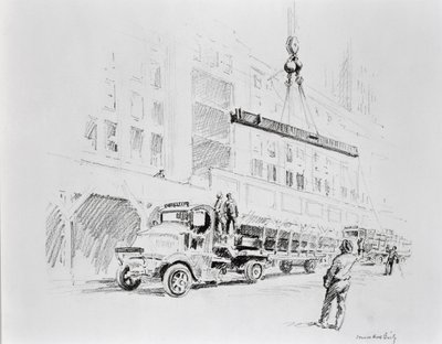 Teräspalkki nostetaan kuorma-autosta, jota käytetään Empire State Buildingin rakentamisessa, julkaisija William Edwin Rudge. tekijältä Vernon Howe Bailey