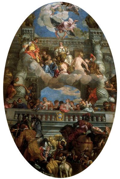 ""Venetsian voitto"" Venetsian kaupungin henkilöitymä sen ympärillä rauha, yltäkylläisyys, maine, onnellisuus, kunnia, turvallisuus ja vapaus. Paolo Caliarin maalaus sanoi Paolo Veronese tekijältä Veronese