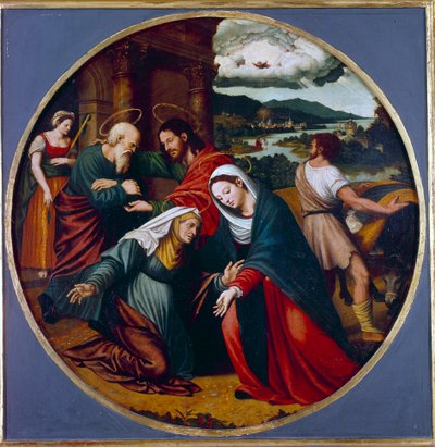 Vierailu. Neitsyt Marian ja Pyhän Elisabetin tapaaminen. Syvällä sisimmässä, Pyhä Joosef ja Sakarja. Juan Vincente Macipin (1490-1550) maalaus Ec. Esp. tekijältä Vicente Juan (c.1510 79) Macip