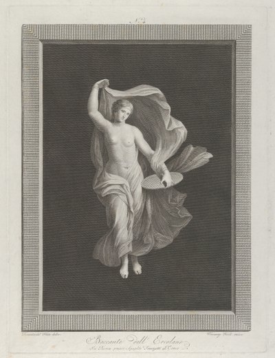 Osittain alaston bacchante pitelee levyä vasemmassa kädessään ja kohottaa vaatteitaan ..., n. 1795-1820 tekijältä Vicenzo Feoli