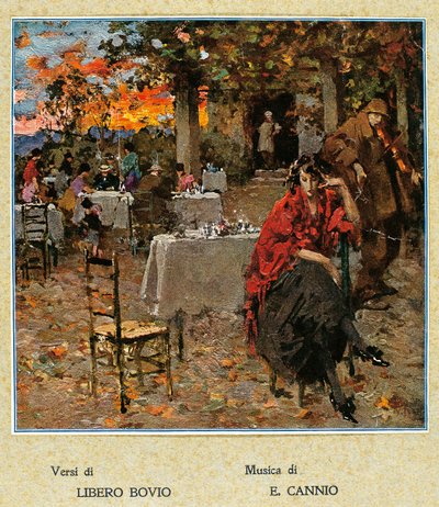 Ulkoravintola, kuvitus napolilaisten laulujen kokoelmalle. Italia, 1900-luku. (kuva) tekijältä Vicenzo Irolli