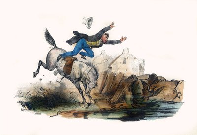 Ratsastaja kaatuu hevosensa ryntäyksen jälkeen. Albumissa Grotesque, Choices of Outstanding Types, kuvituksia Victor Adam, Pariisi, noin 1850. tekijältä Victor Adam